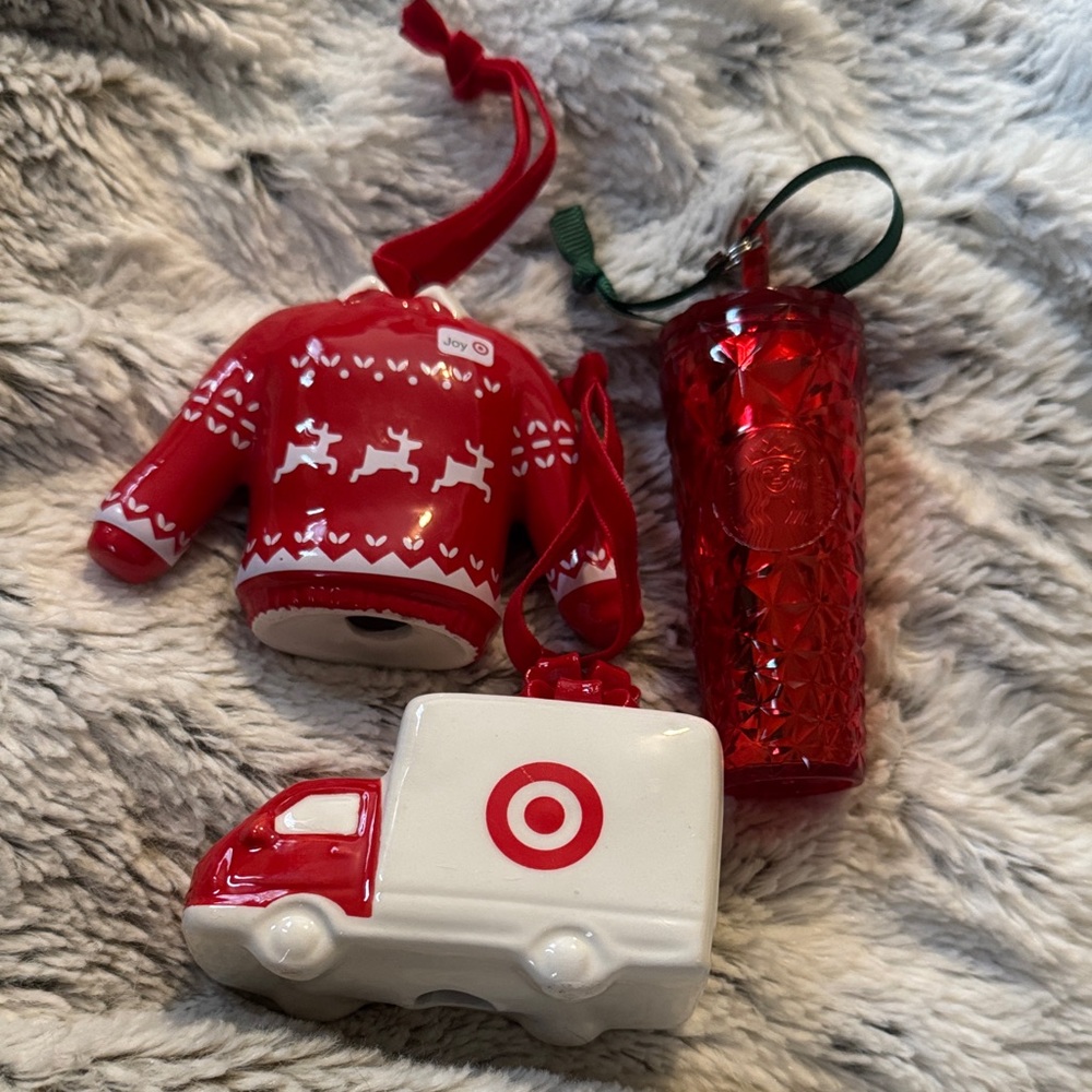 Red Holiday Ornaments Set two target one Starbucks